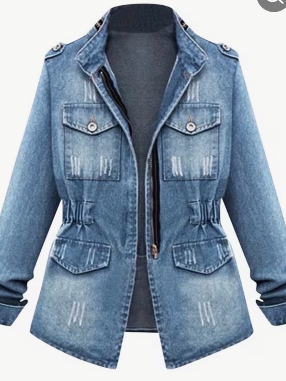 Saks Fifth Avenue Distressed Blue Denim Jacket with Front Zip